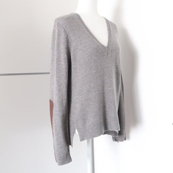 J. Crew Grey Wool V-neck Long Sleeve Pullover Sweater w Brown Leather Panels S - Picture 7 of 10